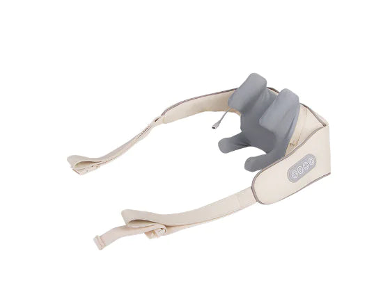 Portable shoulder massager with heat in beige and gray with adjustable straps and control buttons