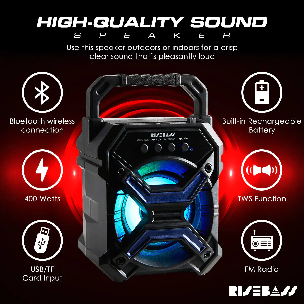 Loud portable wireless speaker with high-quality sound, Bluetooth, rechargeable battery, and FM radio