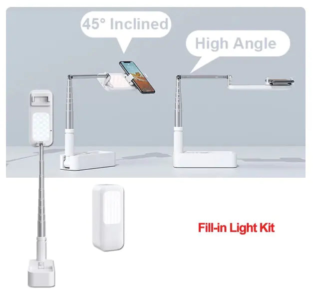 Adjustable smartphone fill-in light with telescopic arm and high angle for better lighting