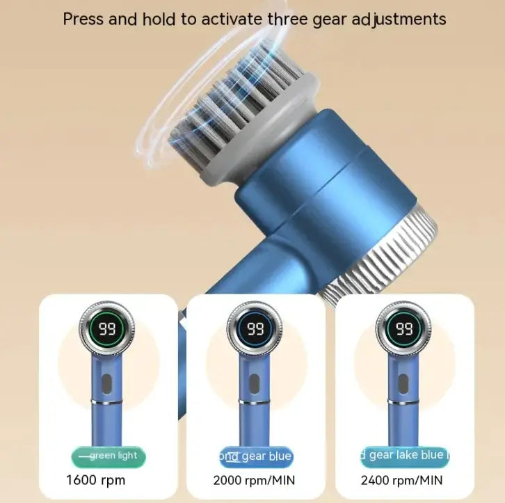 Spark Brush Wireless Cleaning Tool showing three gear adjustments: 1600, 2000, and 2400 rpm for efficient dish cleaning.