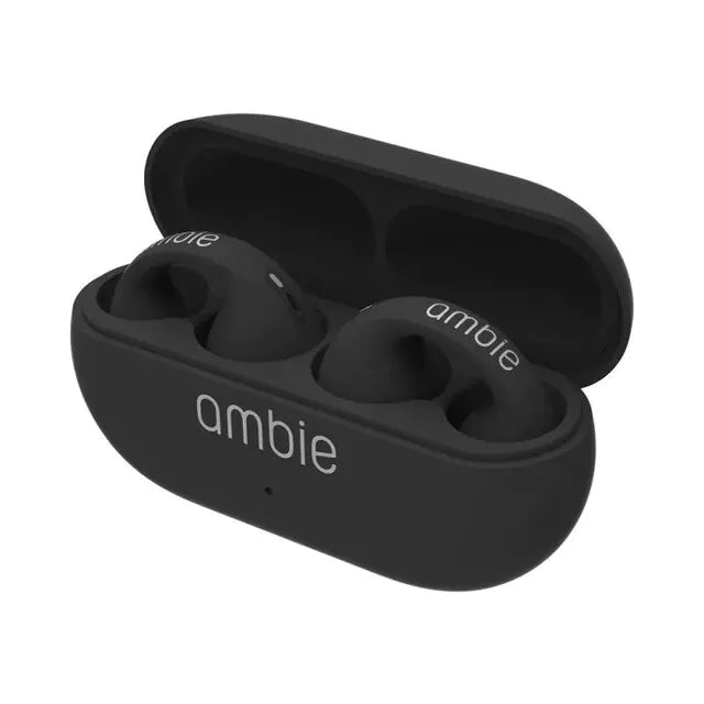 Black ambie wireless Bluetooth earphones with compact charging case open