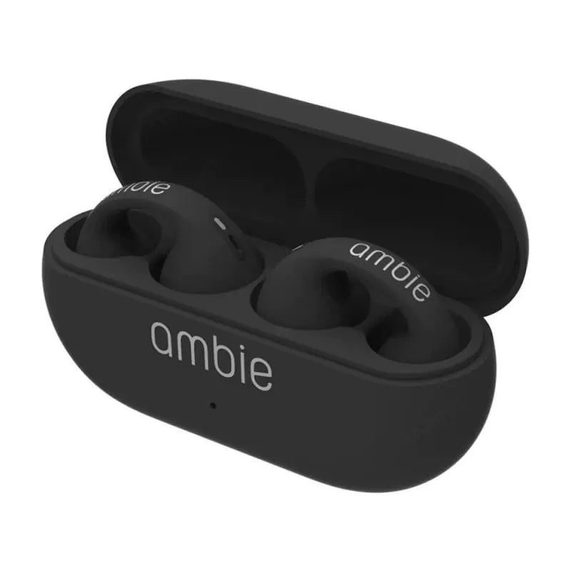 Black ambie wireless Bluetooth earphones in open charging case with compact design