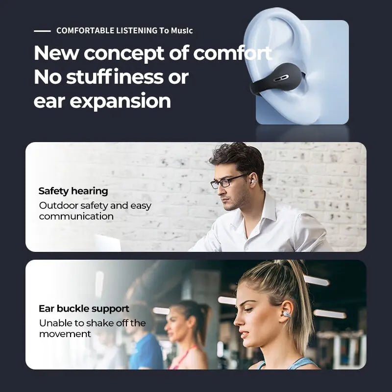 Wireless Bluetooth earphones shown in ear with ergonomic design for comfort and secure fit during activities