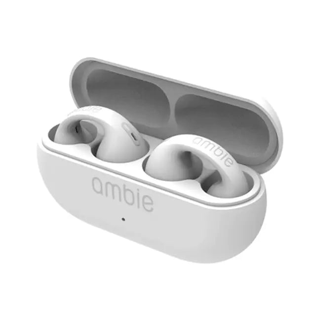 White ambie wireless Bluetooth earphones in a compact charging case with open lid