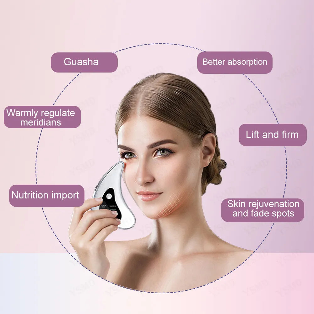 Woman using electronic skin scraping tool on face for guasha massage and skin rejuvenation