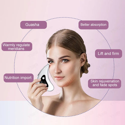 Woman using electronic skin scraping tool on face for guasha massage and skin rejuvenation