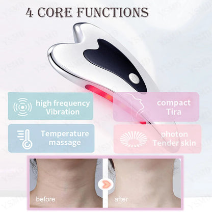 Electronic skin scraping tool with high frequency vibration and temperature massage showing before and after neck results