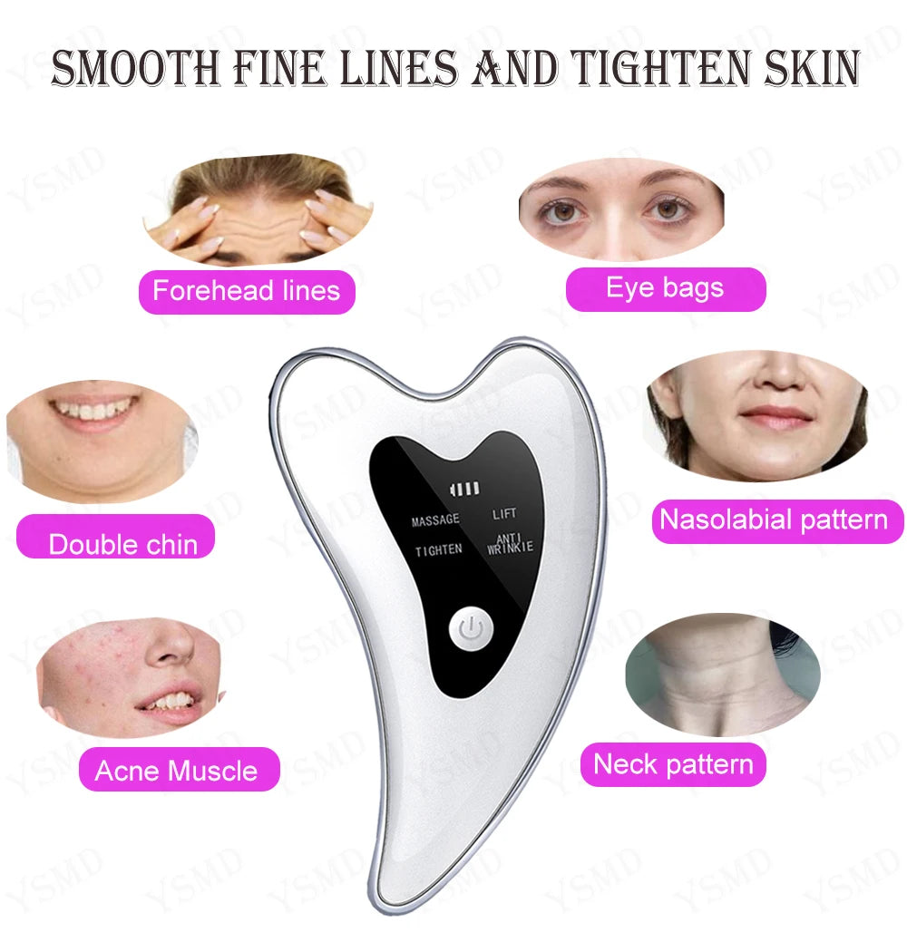 White electronic skin scraping tool for smoothing fine lines and tightening skin on forehead, eyes, chin, and neck