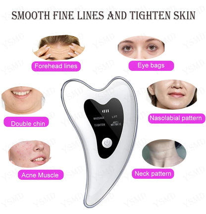 White electronic skin scraping tool for smoothing fine lines and tightening skin on forehead, eyes, chin, and neck