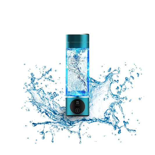 Blue best hydro water bottle with digital display and splash of water around it