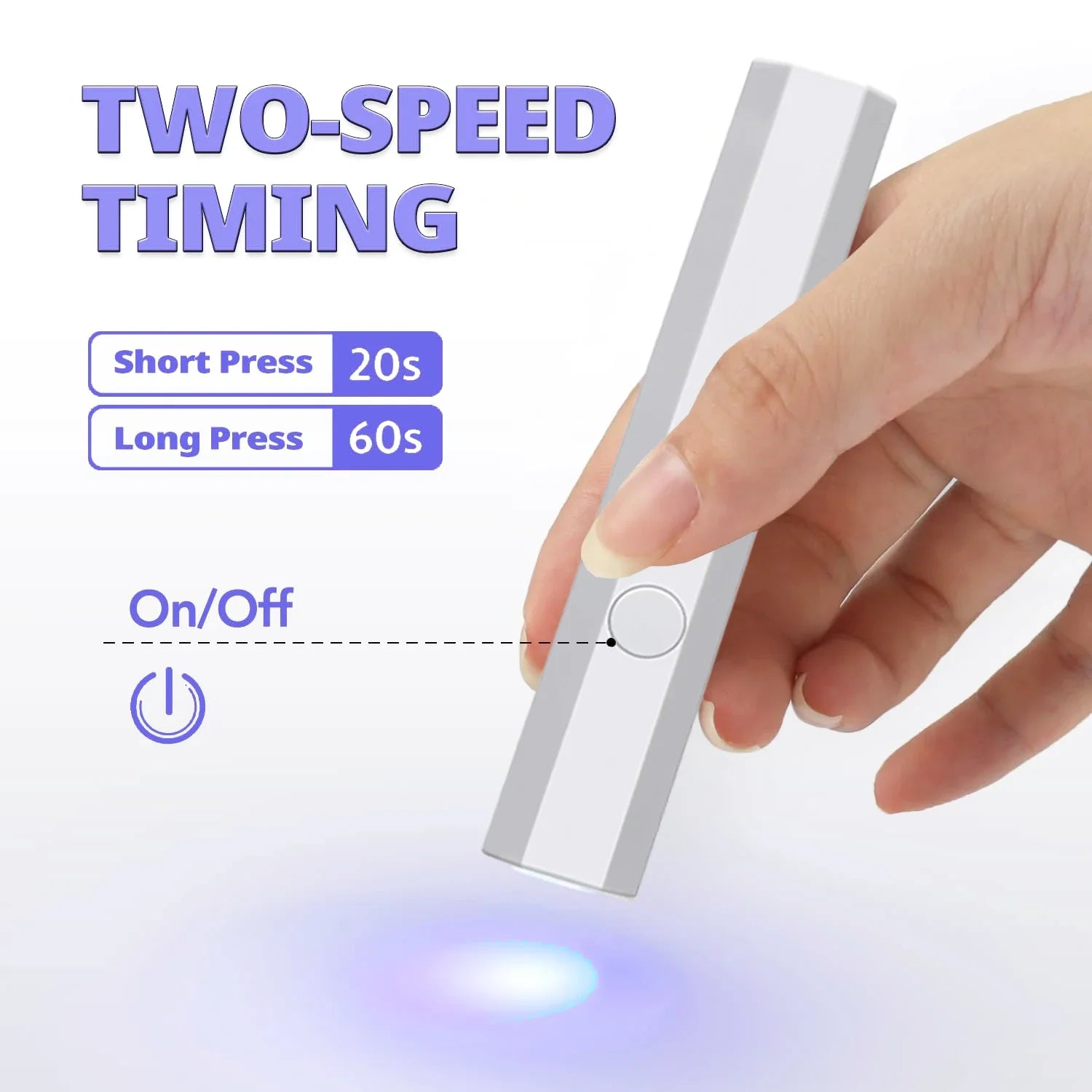 Hand holding compact nail lamp for travel with two-speed timing and on off button