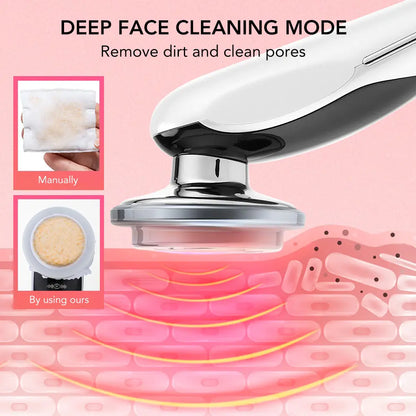 LED facial neck massager shown in deep face cleaning mode removing dirt and cleaning pores on skin