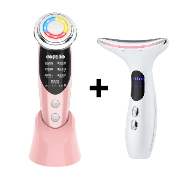 LED facial neck massager set with pink handheld device and white curved massager for skin treatment