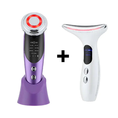 LED facial neck massager set including purple handheld device and white curved massager with digital display
