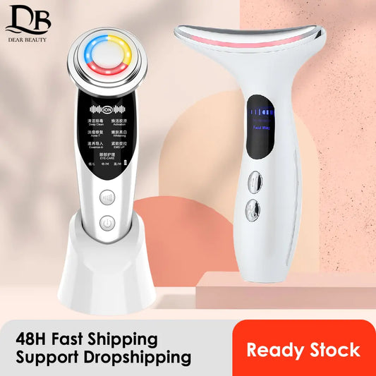 White LED facial neck massager with colorful light rings and digital display on pink background