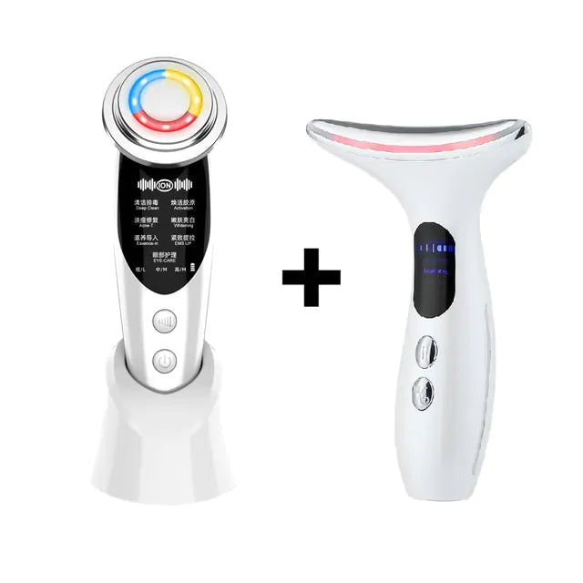 White LED facial neck massager set with digital display and colorful LED light therapy rings