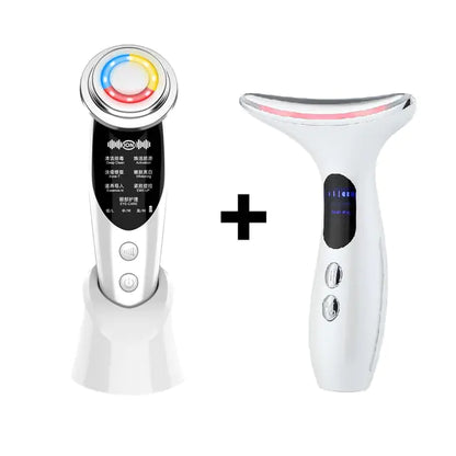 White LED facial neck massager set with digital display and colorful LED light therapy rings