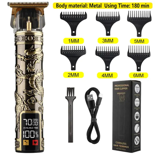 Electric hair trimmer for men with metallic dragon design, six adjustable combs, USB charging cable, and cleaning brush