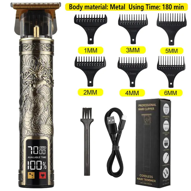 Electric hair trimmer for men with metal body, six adjustable combs, USB charging cable, and cleaning brush