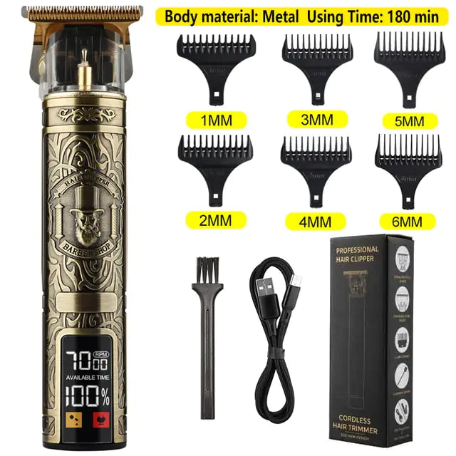 Electric hair trimmer for men with metal body, six comb attachments, LCD display, USB charging cable, and cleaning brush