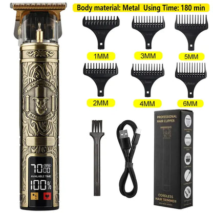 Electric hair trimmer for men with metal body, six comb attachments, LCD display, USB charging cable, and cleaning brush