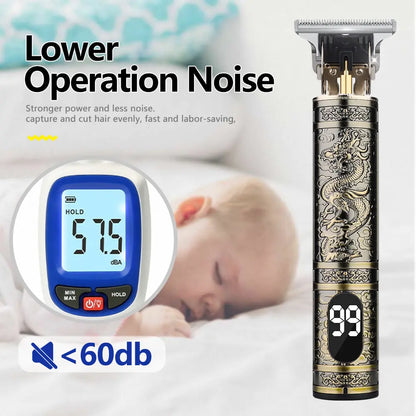 Electric hair trimmer for men with dragon design and digital display showing low operation noise below 60db