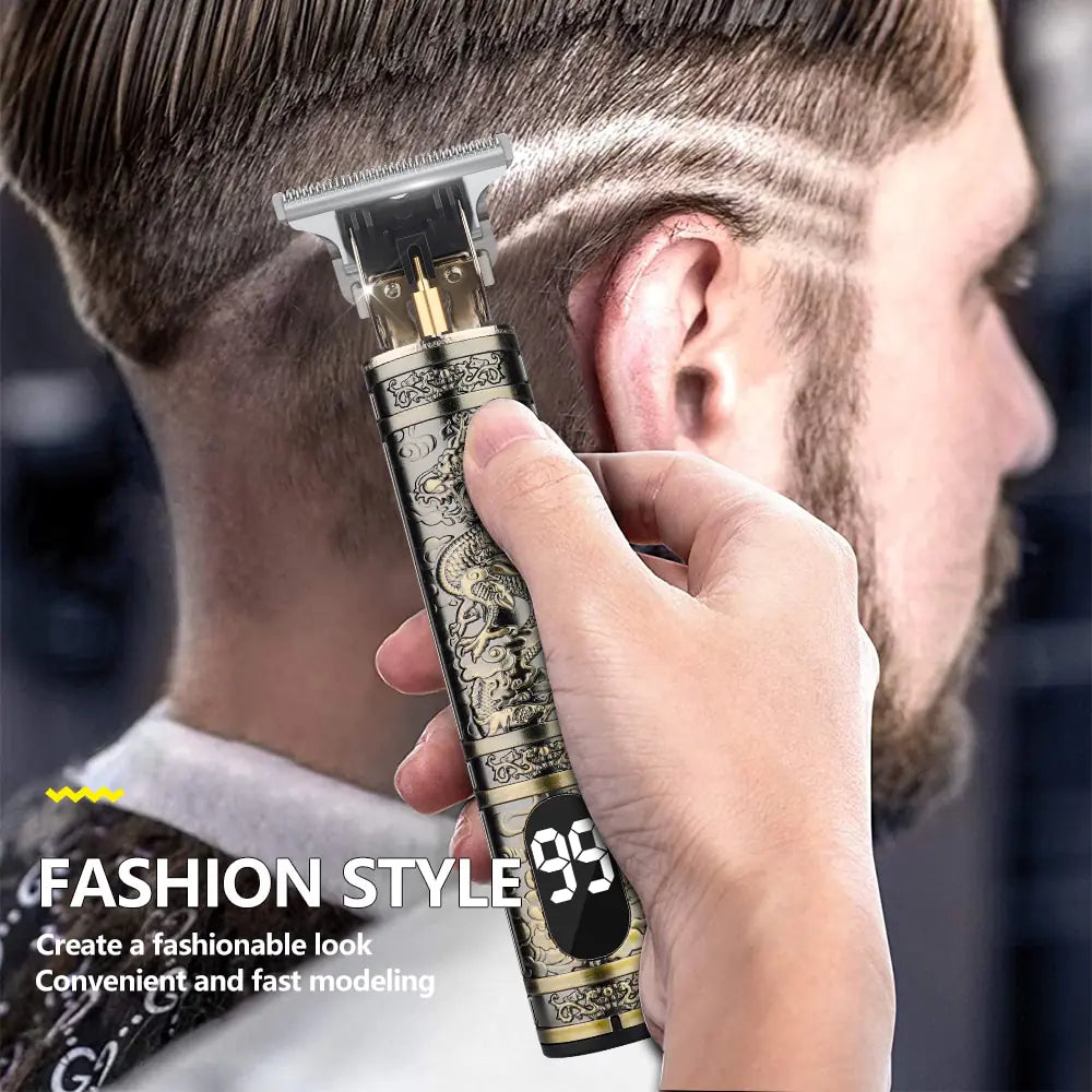 Electric hair trimmer for men with ornate design trimming a stylish haircut pattern
