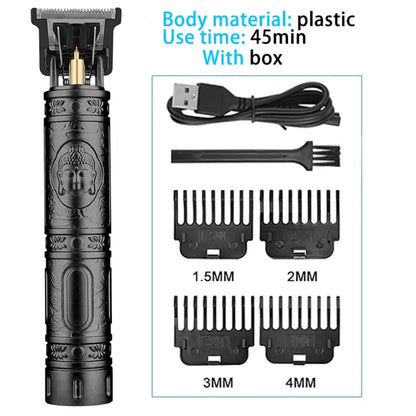 Electric hair trimmer for men with USB charging cable and four comb attachments for different hair lengths