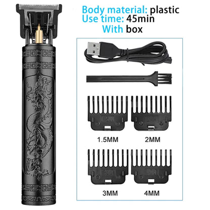 Electric hair trimmer for men with dragon design, USB charger, cleaning brush, and four guide combs