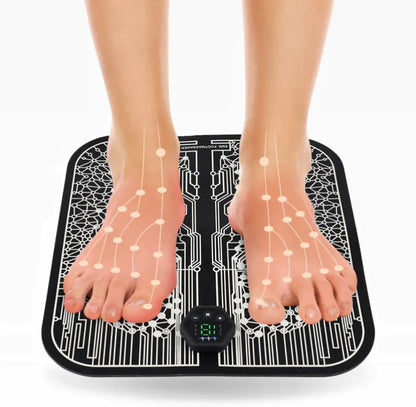 EMS foot stimulation pad with a digital display and two feet placed on it for muscle relief therapy
