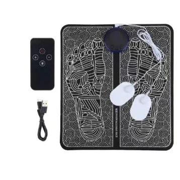 EMS foot stimulation pad with remote control, USB charging cable, and electrode pads for foot therapy
