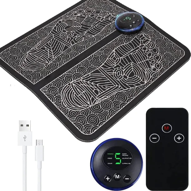 EMS foot stimulation pad in black with white foot pattern, digital control, remote, and USB charging cable