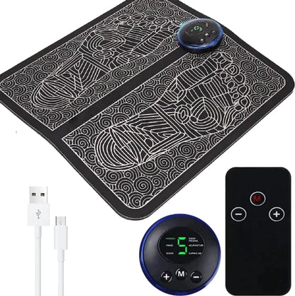 EMS foot stimulation pad in black with white foot pattern, digital control, remote, and USB charging cable