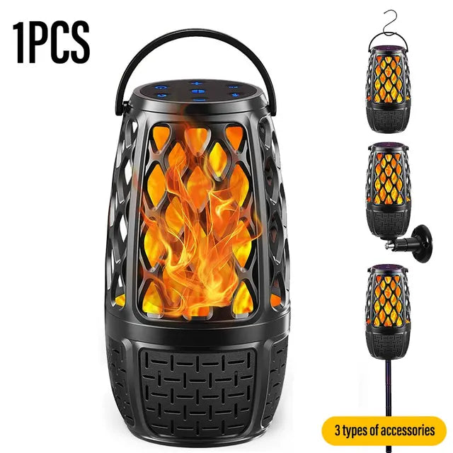 Black flame bluetooth speaker with realistic flame effect and multiple mounting accessories