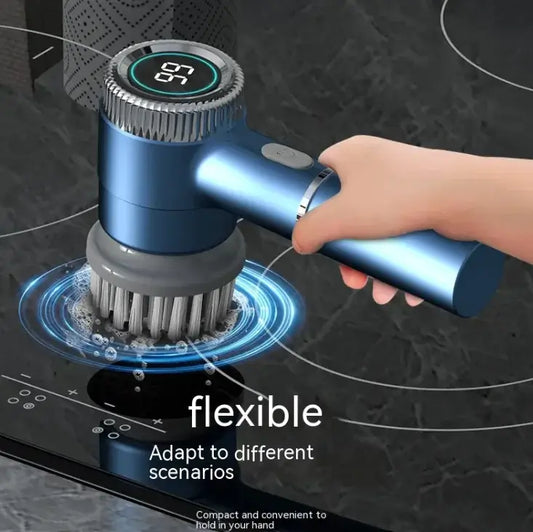 Handheld Spark Brush Wireless Cleaning Tool in use on a countertop, showcasing its flexible design for various cleaning scenarios.