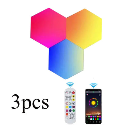 Set of 3 hexagon LED wall lights with remote and smartphone app control for customizable color lighting