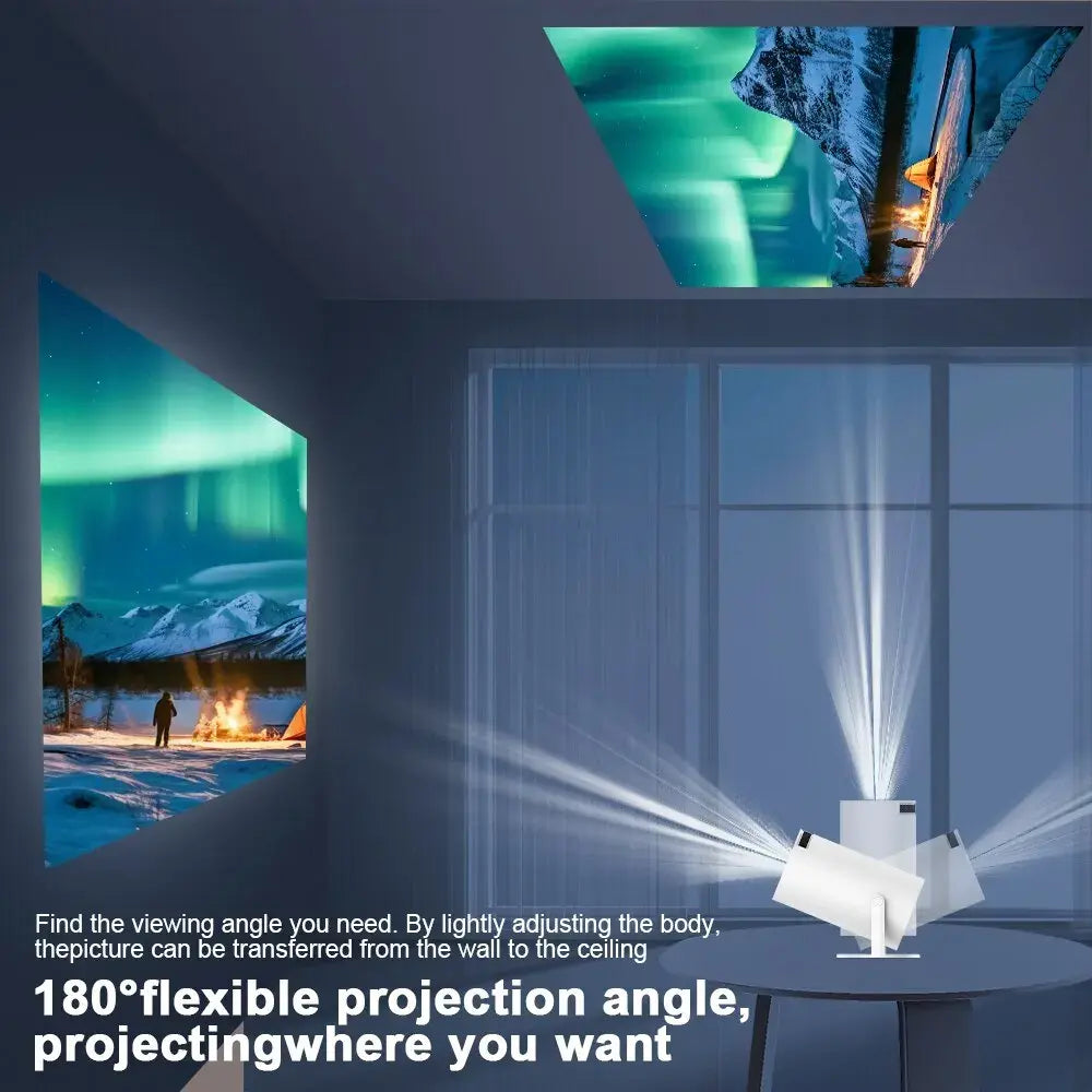 Hy300 smart projector showing 180 degree flexible projection angle projecting image on wall and ceiling