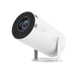Hy300 smart projector in white with cylindrical design and front lens for home entertainment