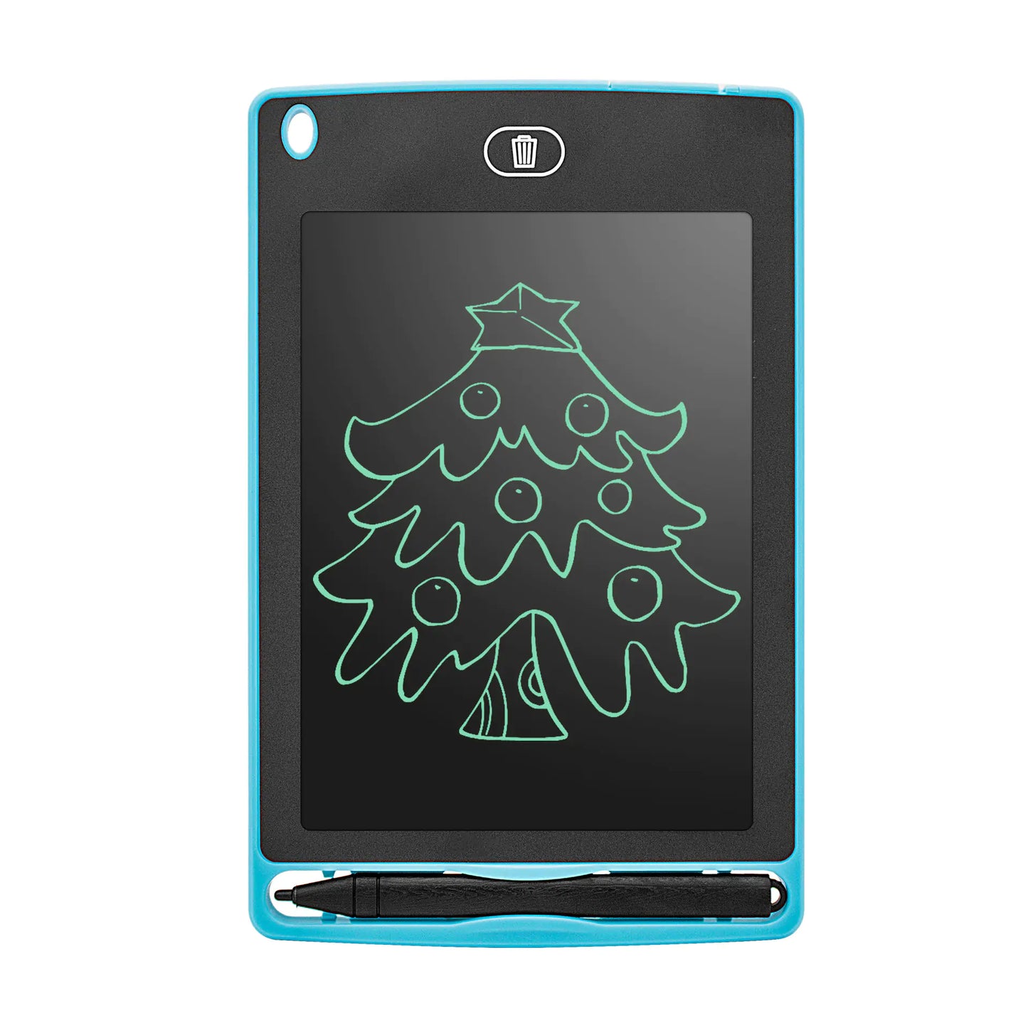 Blue kids writing tablet with Christmas tree drawing and attached stylus pen for easy writing