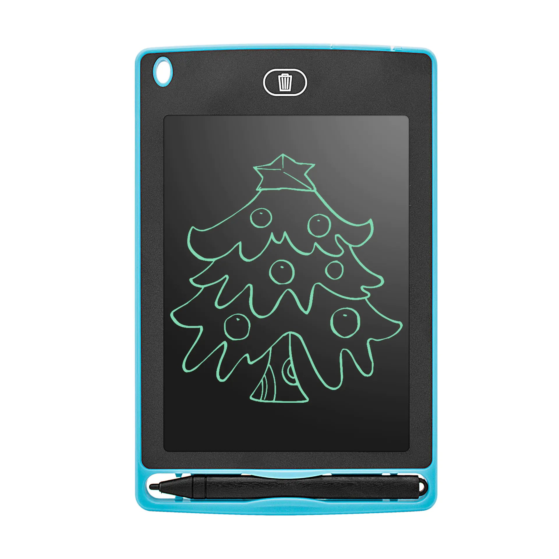Blue kids writing tablet with Christmas tree drawing and attached stylus pen for easy writing