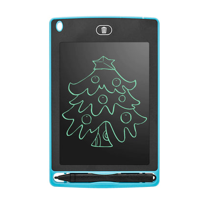 Blue kids writing tablet with Christmas tree drawing and attached stylus pen for easy writing