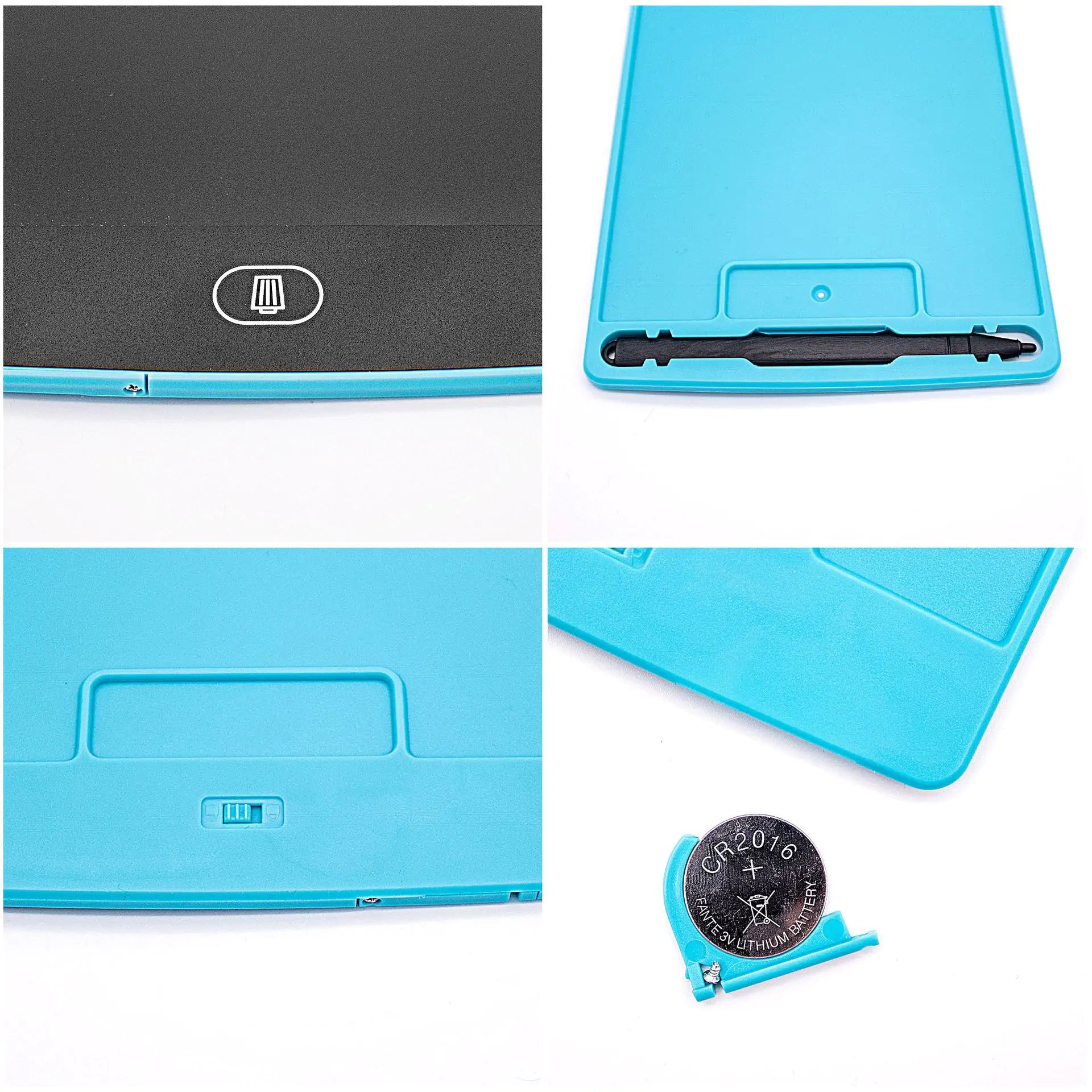 Blue kids writing tablet with erase button, pen holder, and CR2016 battery compartment close-up