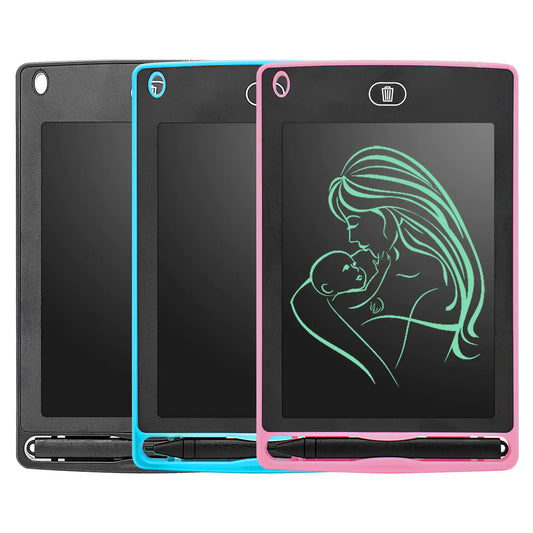 Set of three kids writing tablet in black, blue, and pink with stylus pens and drawing screens