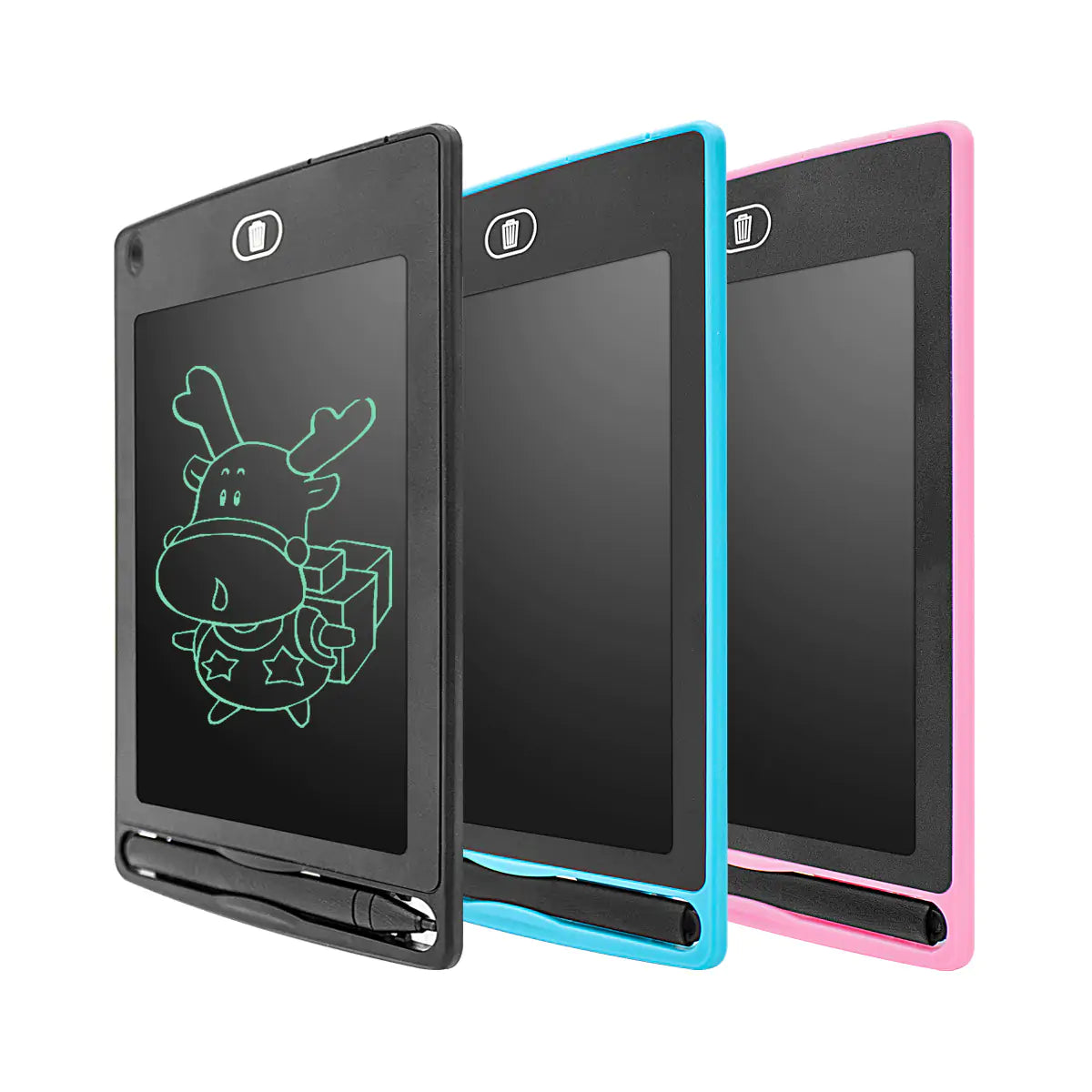 Set of three colorful kids writing tablet in black, blue, and pink with stylus pens and drawing screen