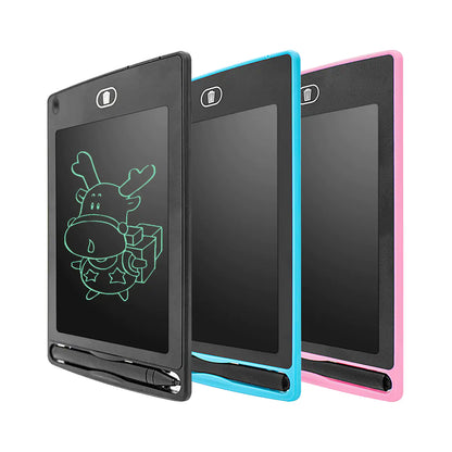 Set of three colorful kids writing tablet in black, blue, and pink with stylus pens and drawing screen