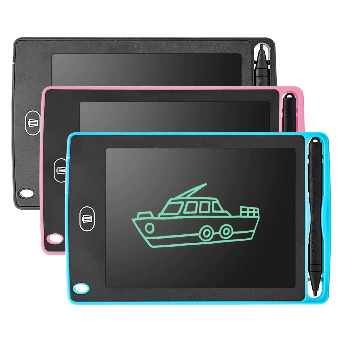 Set of three kids writing tablets in black, pink, and blue with stylus pens and boat drawing on screen