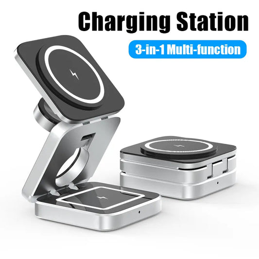 3-in-1 multi-device charging station with foldable design for wireless charging of multiple devices