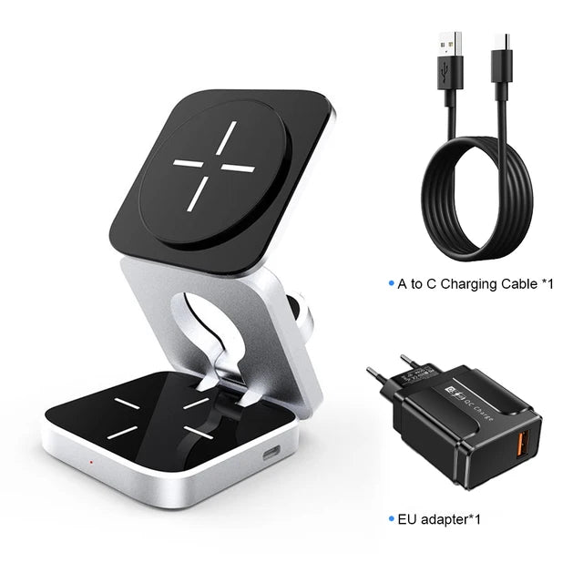 Compact black and silver multi-device charging station with A to C cable and EU adapter included