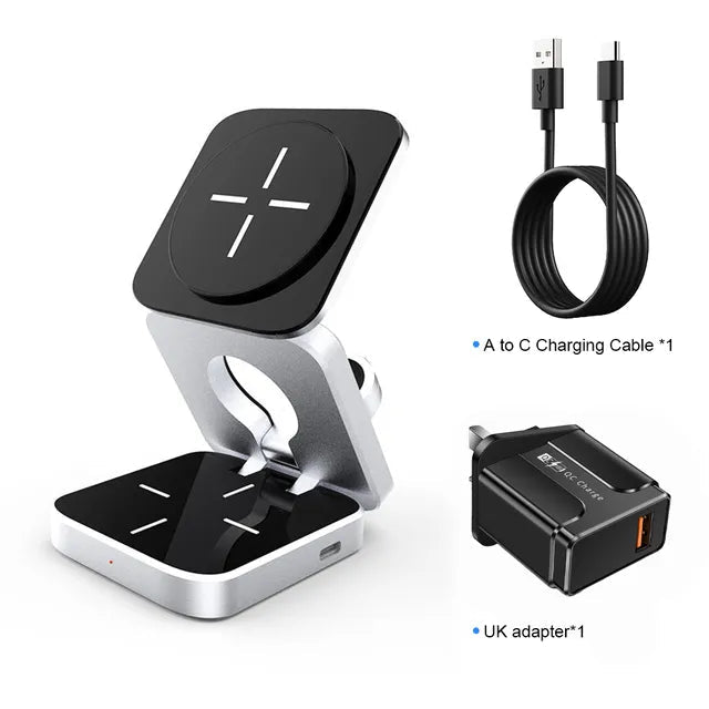 Black and silver multi-device charging station with A to C cable and UK adapter included