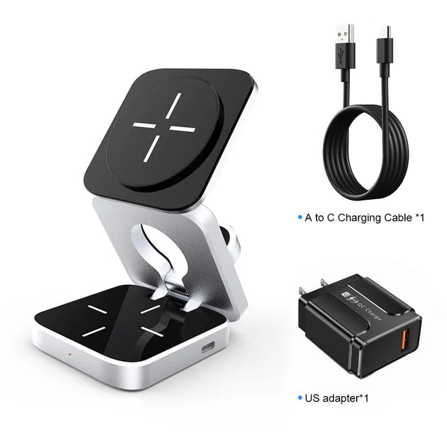Black and silver multi-device charging station with USB C cable and US power adapter included